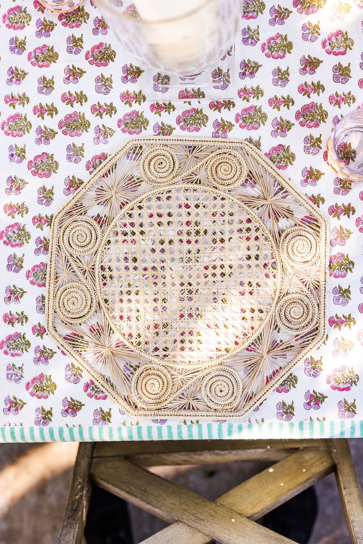 Madre Block Printed Table Cloth with Turquoise Border