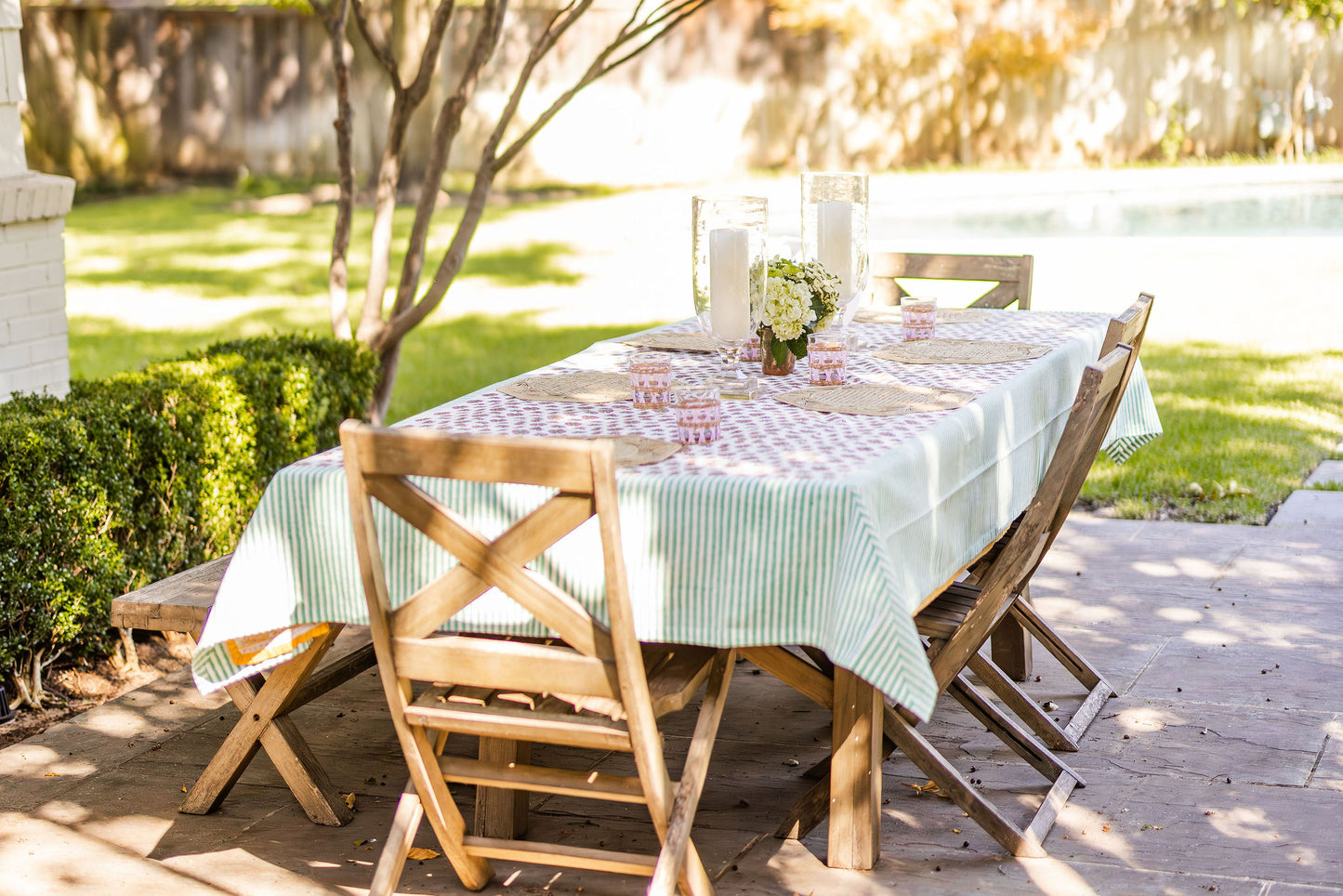 Madre Block Printed Table Cloth with Turquoise Border