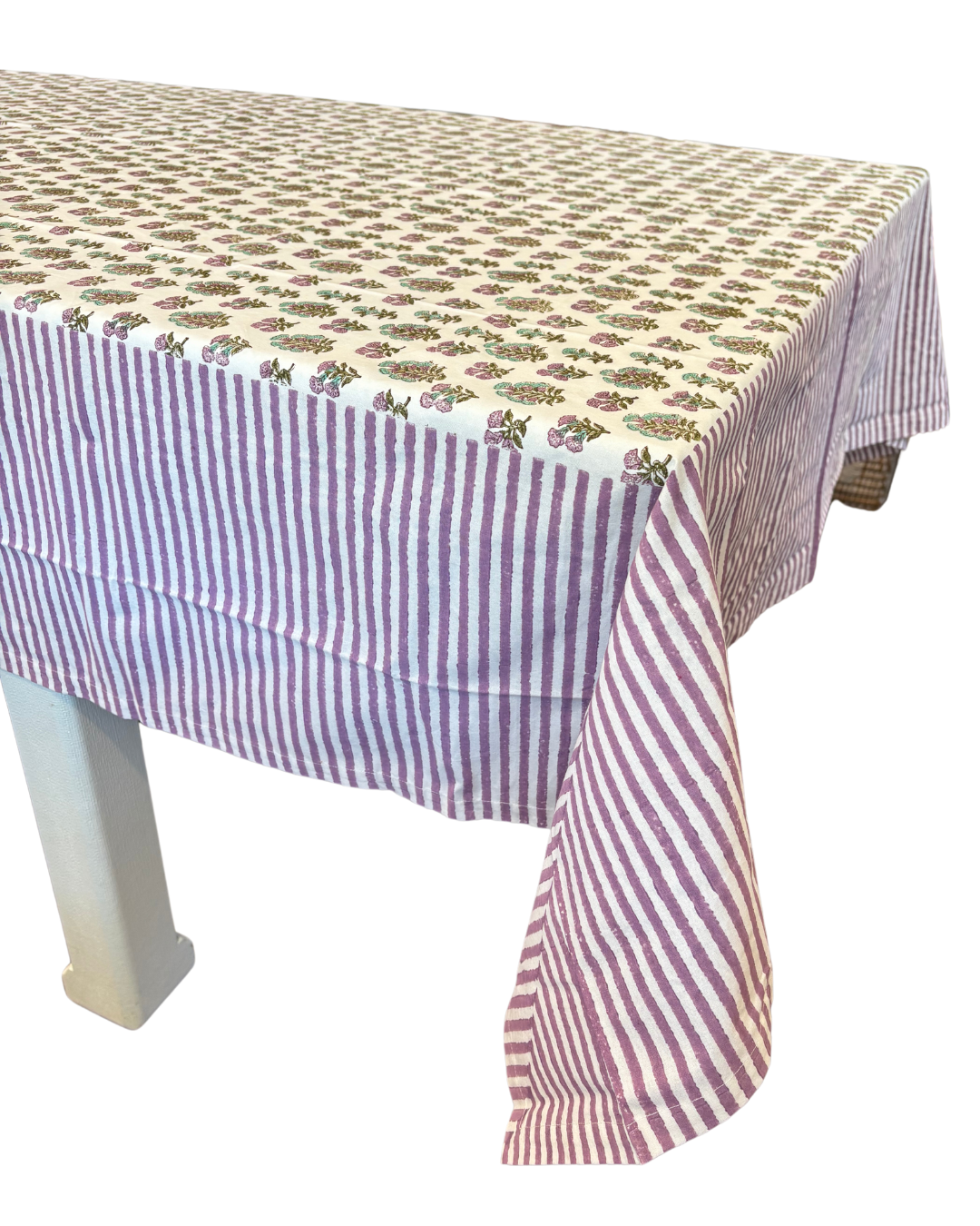 Madre Block Printed Table Cloth with Lilac Border
