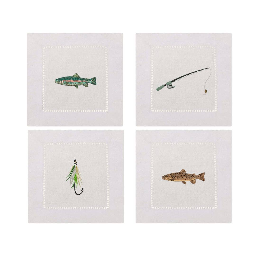 Embroidered Fishing Cocktail Napkins