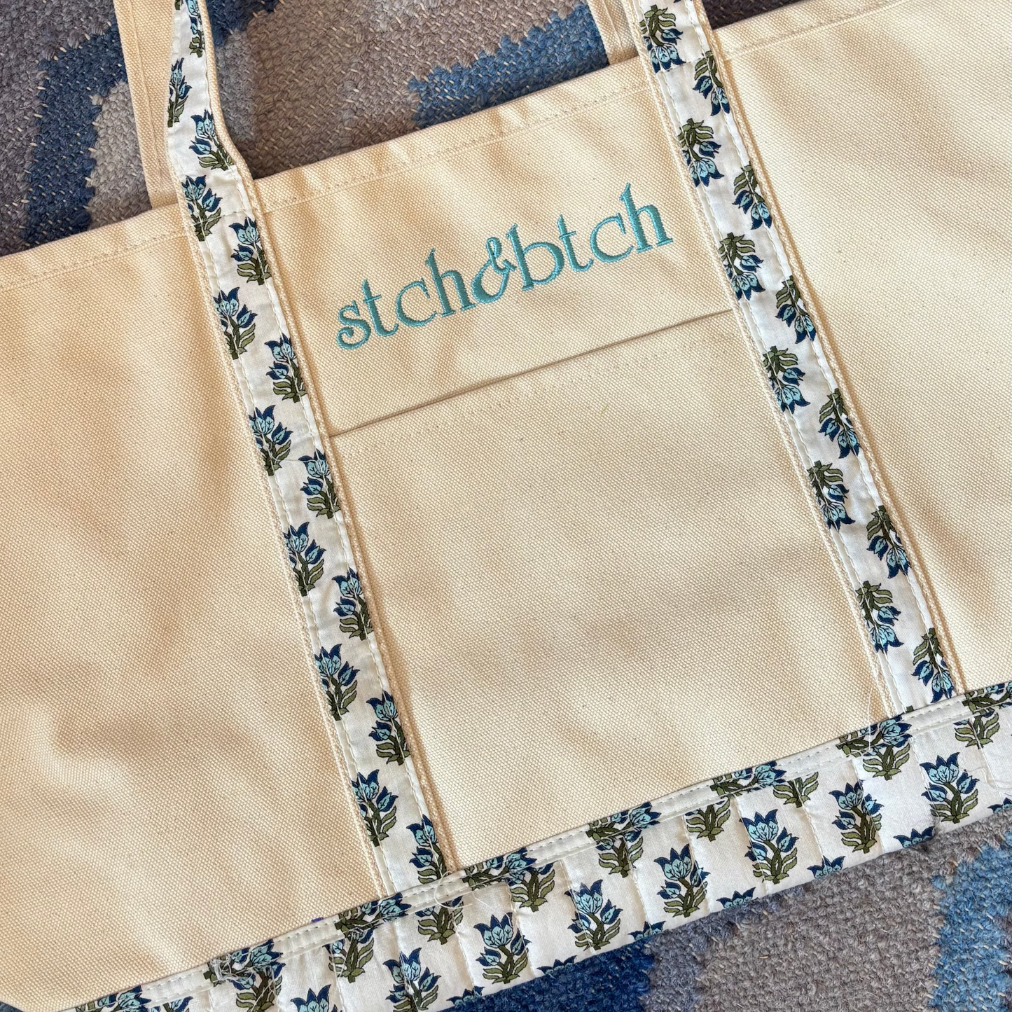Blue Block Print Canvas Tote