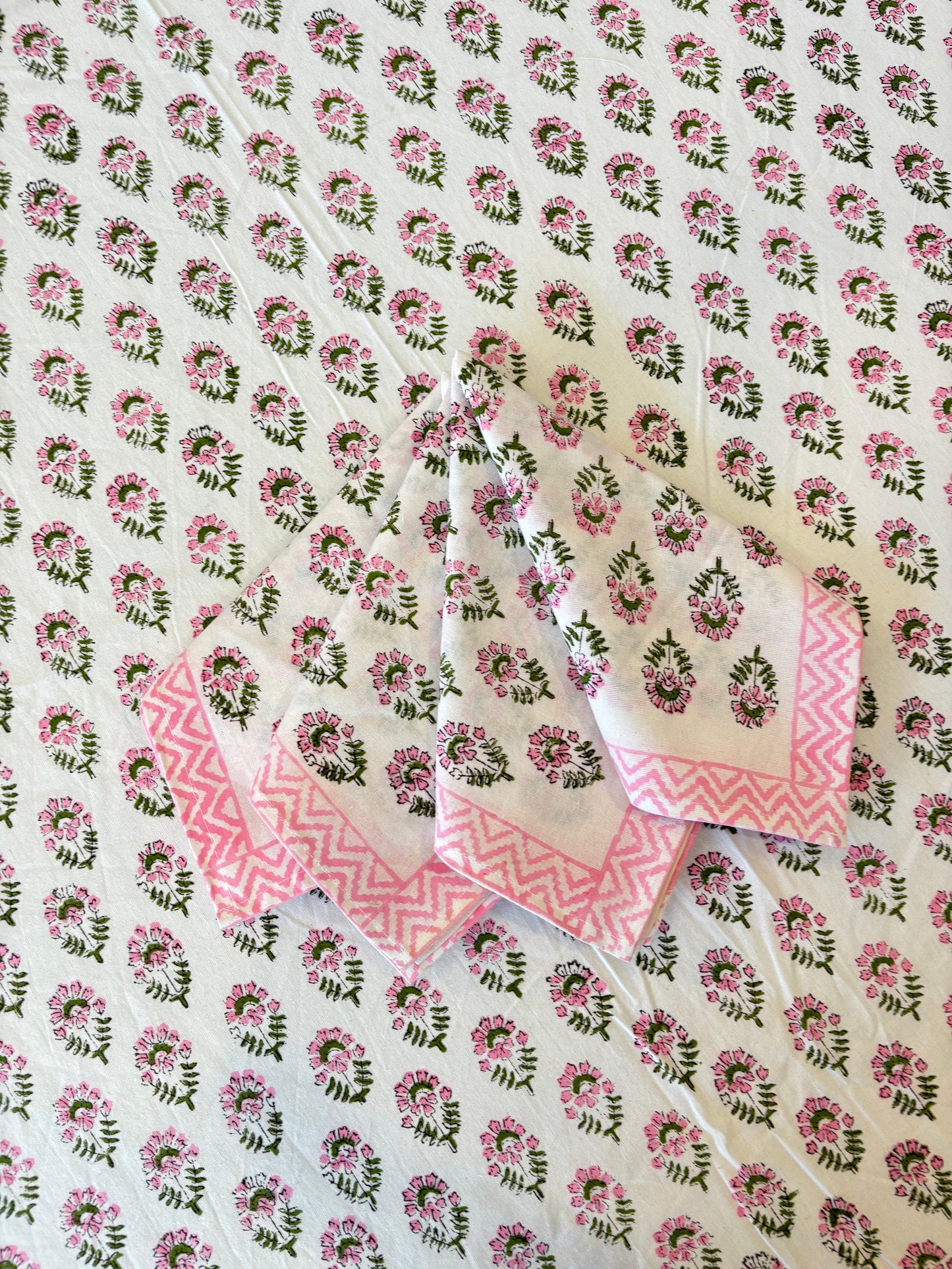 Pink and Green Handblock Print Cotton Table Napkins (Set of 4)