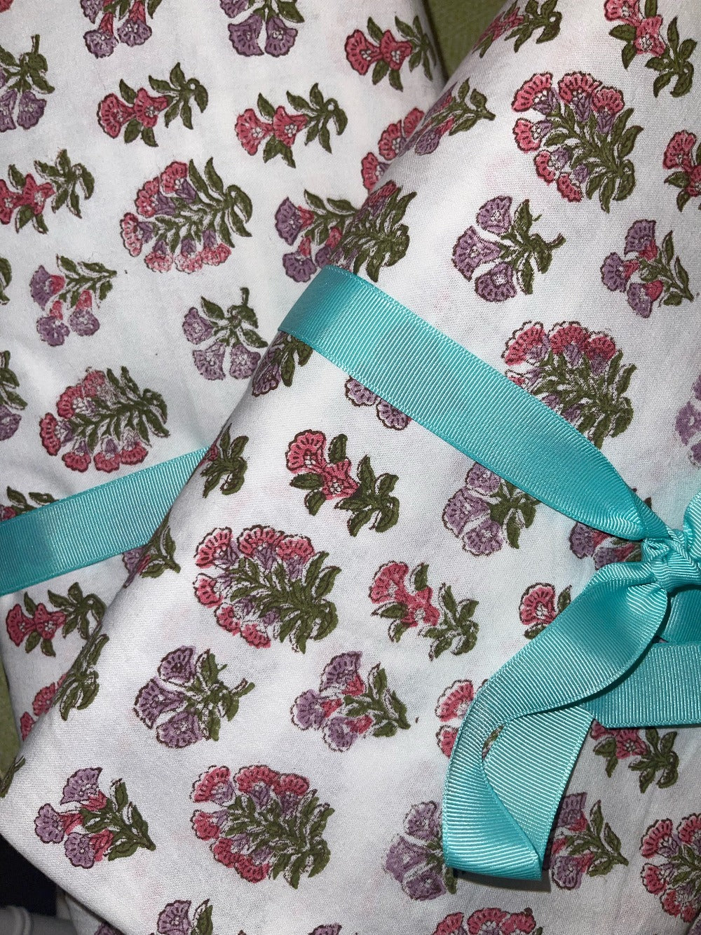 Madre Block Printed Table Cloth with Turquoise Border