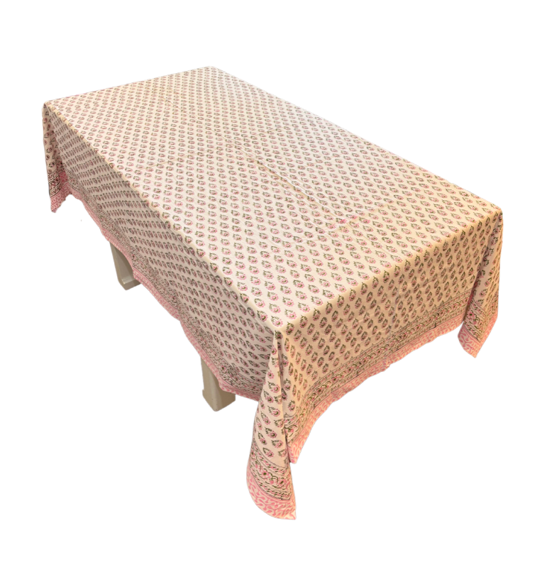 Pink and Green Handblock Print Cotton Tablecloth