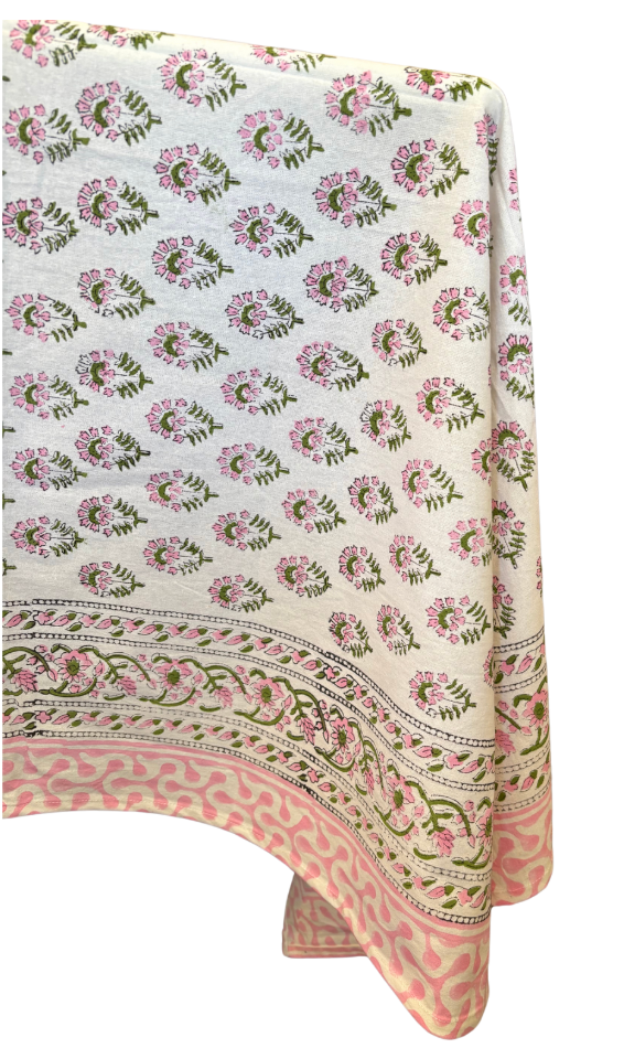 Pink and Green Handblock Print Cotton Tablecloth