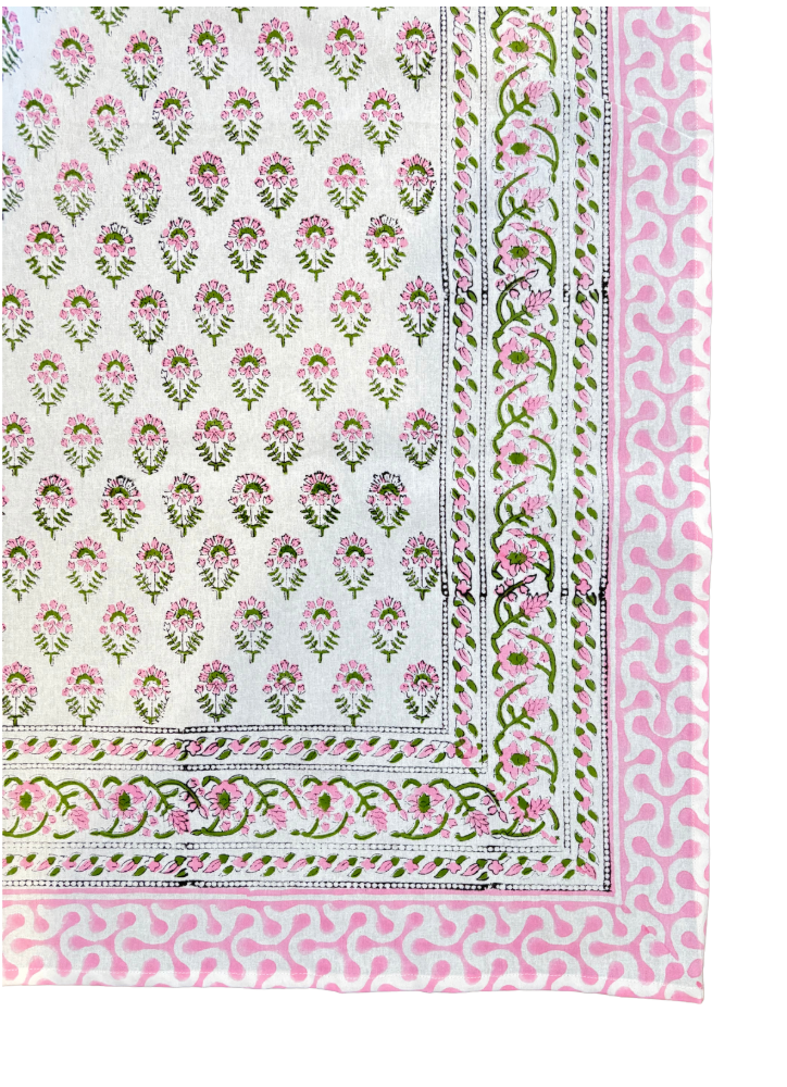 Pink and Green Handblock Print Cotton Tablecloth