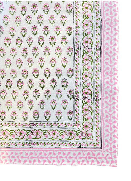 Pink and Green Handblock Print Cotton Tablecloth