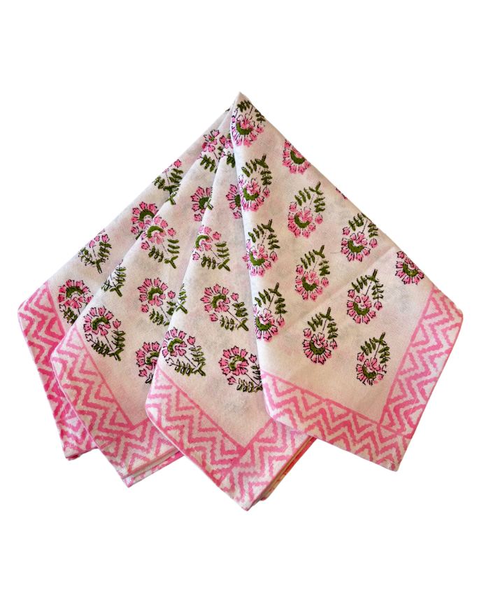 Pink and Green Handblock Print Cotton Table Napkins (Set of 4)