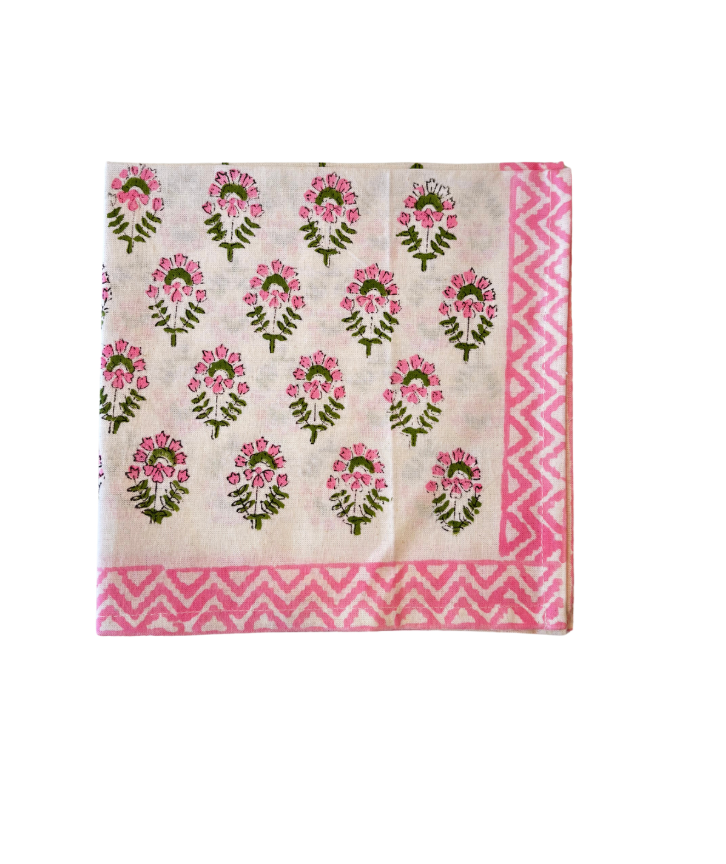 Pink and Green Handblock Print Cotton Table Napkins (Set of 4)