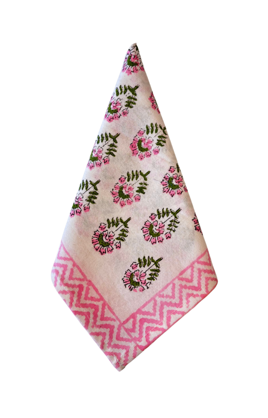 Pink and Green Handblock Print Cotton Table Napkins (Set of 4)