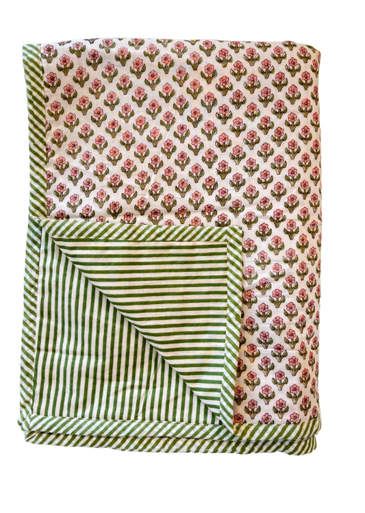 Reversible Floral Handblock Print Lightweight Blanket