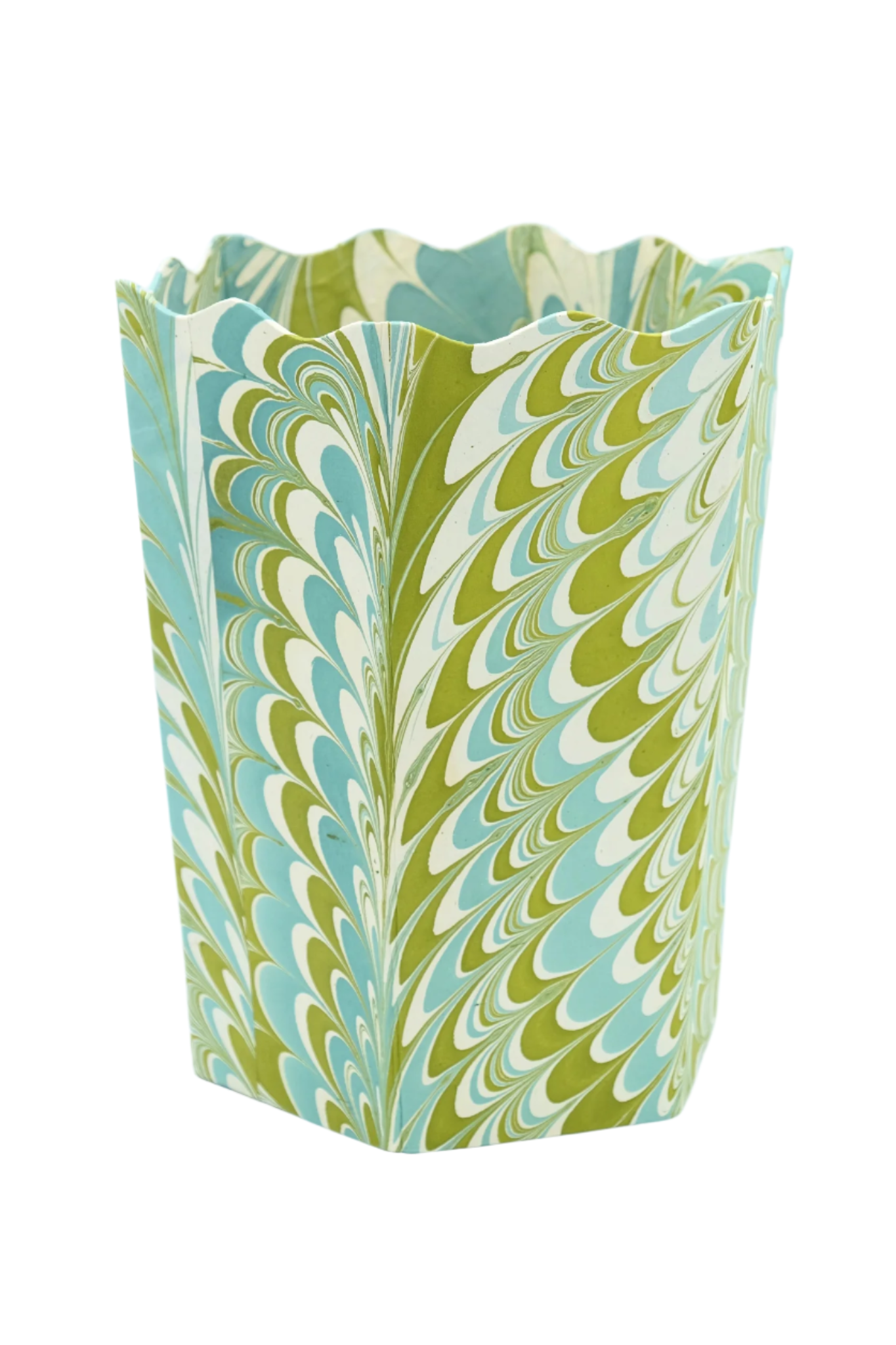 Hand-Marbled Scallop Waste Bin in Robin Blue