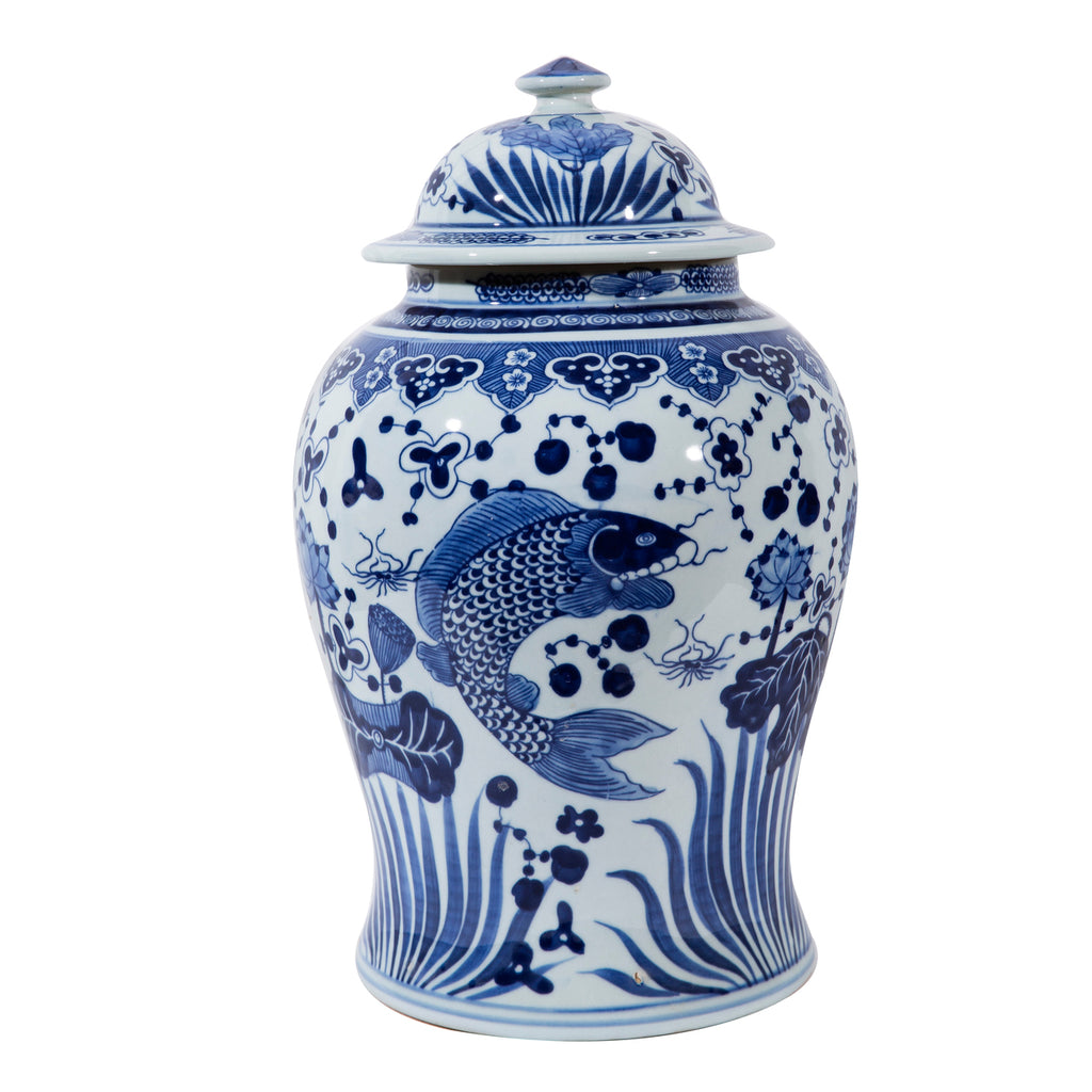 Blue And White Medium Fish Lotus Temple Jar