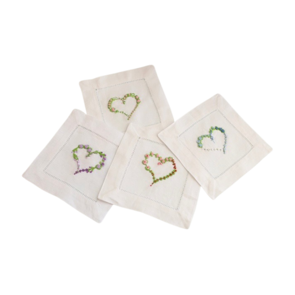 Hand Embroidered Heart Cocktail Napkins