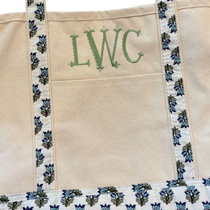 Blue Block Print Canvas Tote