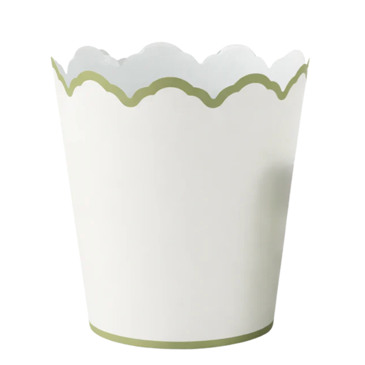 White & Olive Scalloped Wastepaper Basket