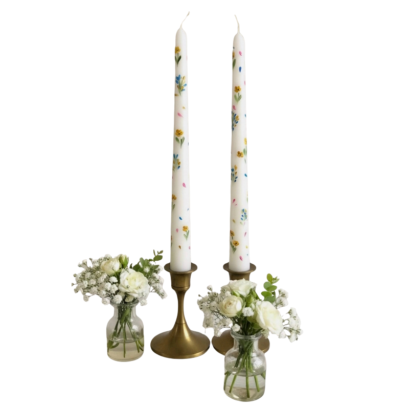 Hand Painted Floral Taper Candles, Set of 2