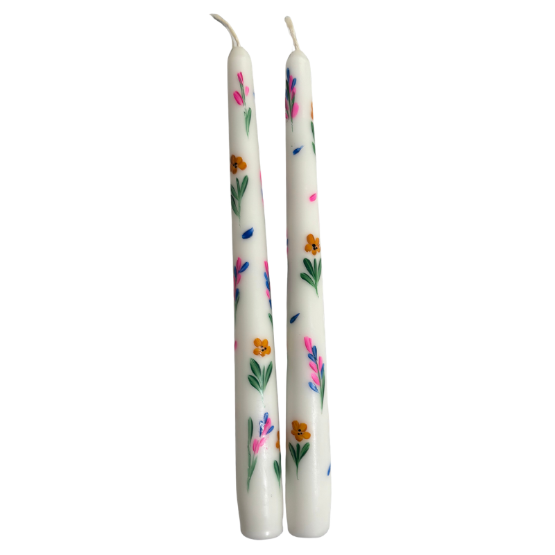 Hand Painted Floral Taper Candles, Set of 2