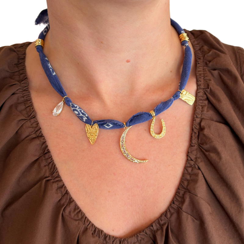 Blue Crescent Luck Bandana Necklace
