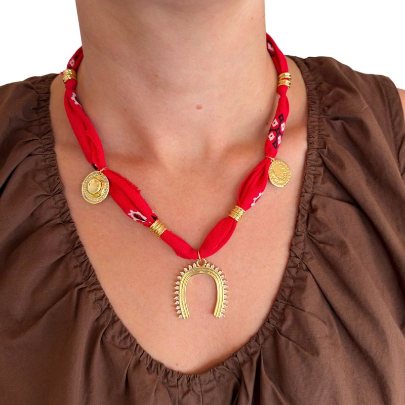 Red Horseshoe Luck Bandana Necklace