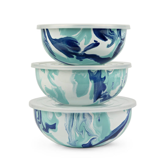 Enamelware Mixing Bowls in Lagoon, Set of 3