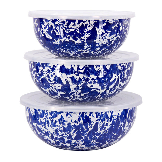 Enamelware Swirl Mixing Bowls in Cobalt, Set of 3