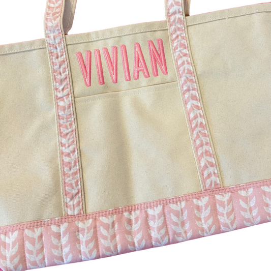 Pink Block Print Canvas Tote