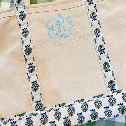 Blue Block Print Canvas Tote