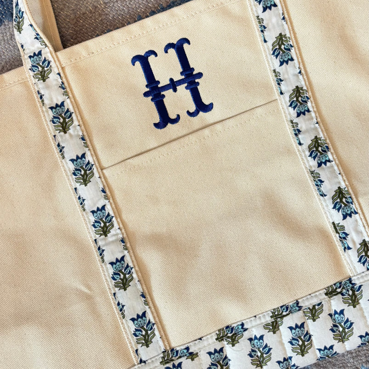 Blue Block Print Canvas Tote