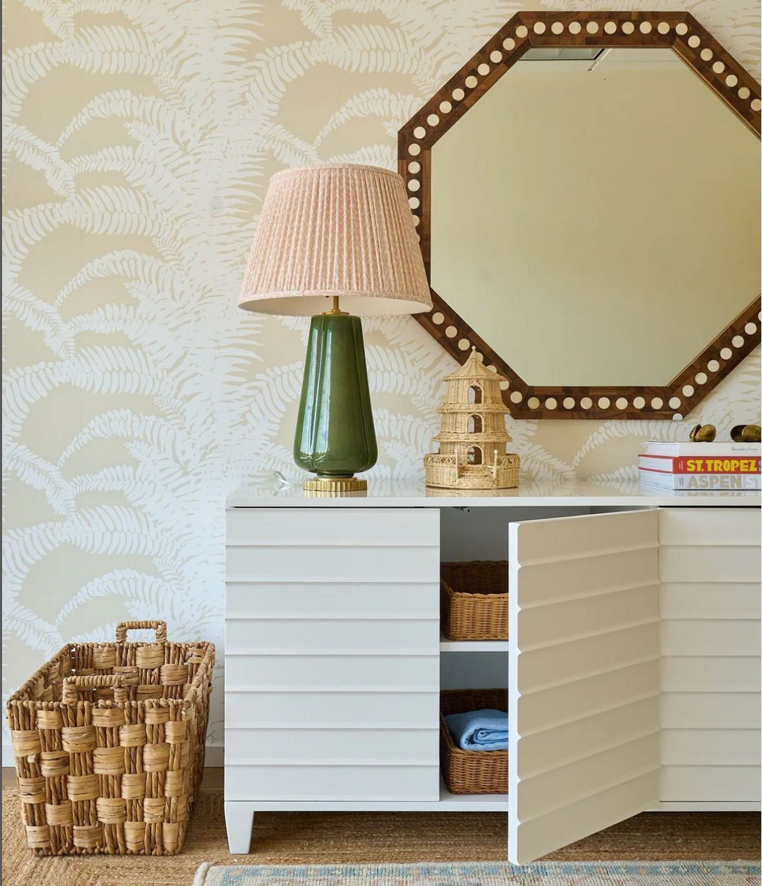 Octagonal Wood Mirror with Bone Inlay