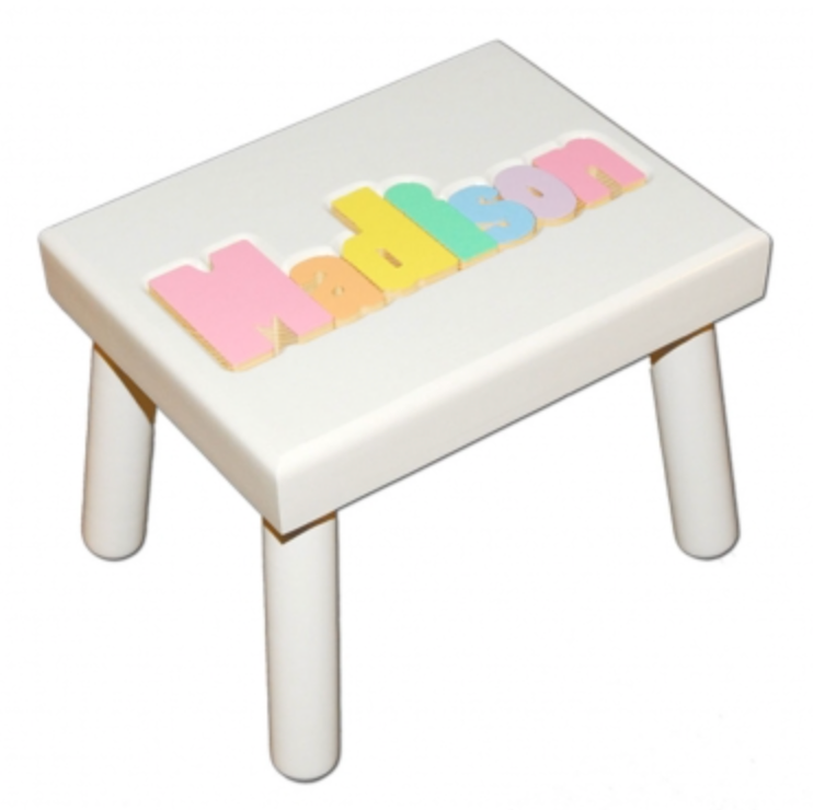 Small White Name Puzzle Stool in Pastel Colors