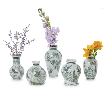 Primrose and Lotus Hand-Painted Mini Green and White Chinoiserie Vases