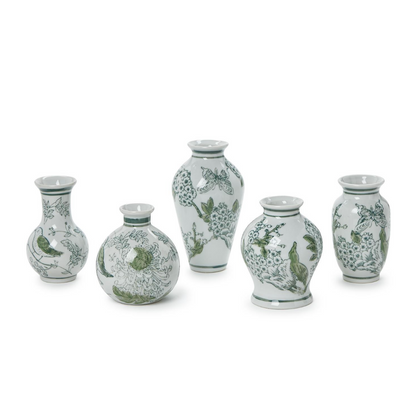 Primrose and Lotus Hand-Painted Mini Green and White Chinoiserie Vases