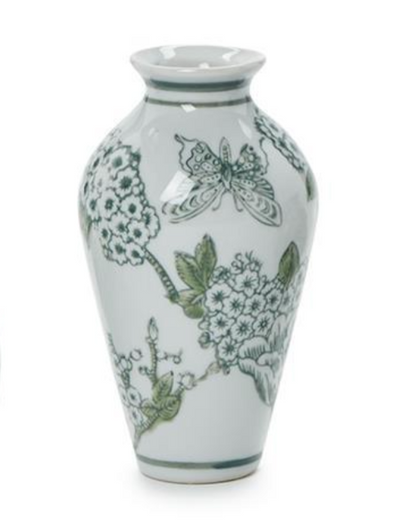 Primrose and Lotus Hand-Painted Mini Green and White Chinoiserie Vases