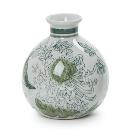 Primrose and Lotus Hand-Painted Mini Green and White Chinoiserie Vases