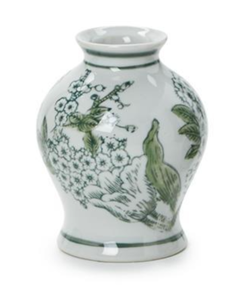 Primrose and Lotus Hand-Painted Mini Green and White Chinoiserie Vases