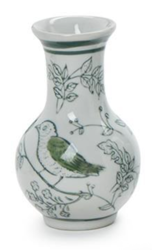 Primrose and Lotus Hand-Painted Mini Green and White Chinoiserie Vases