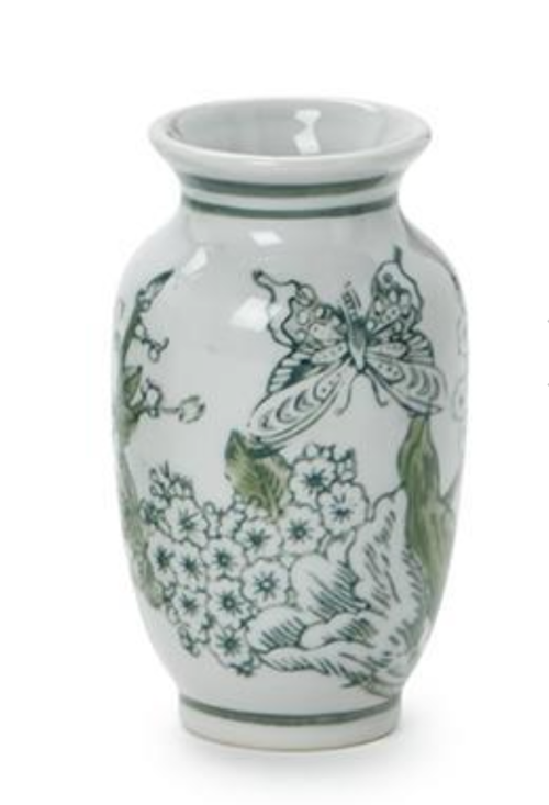 Primrose and Lotus Hand-Painted Mini Green and White Chinoiserie Vases