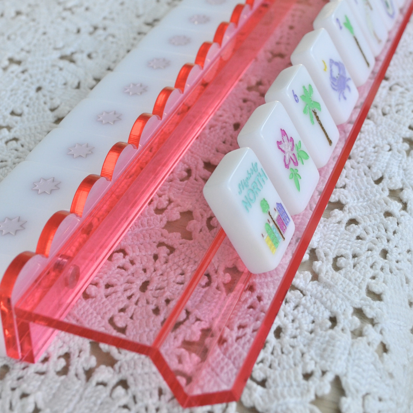 Pink Acrylic Mahjong Rack and Pusher, Set of 4