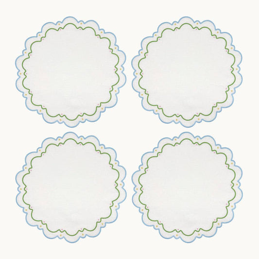Set of 4 Embroidered Linen Scalloped Placemats