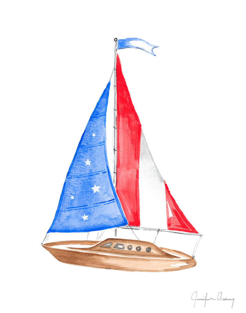 Red White & Blue Sailboat Art